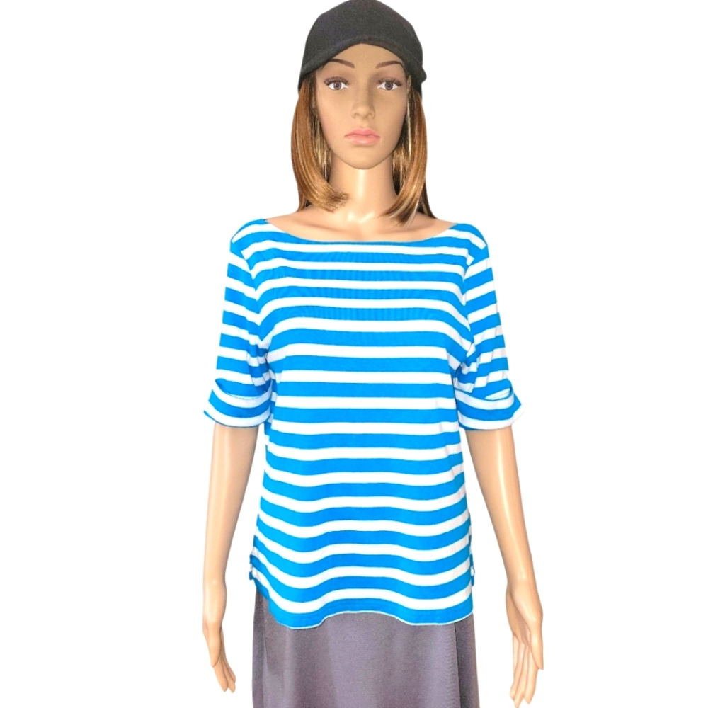 Kim Rogers Elbow Sleeve Cotton Striped Top/ SS Shirt, L, EUC